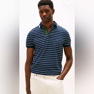 Tommy Hilfiger Regular Fit Logo Collar Pique Polo Navy Green White Medium M